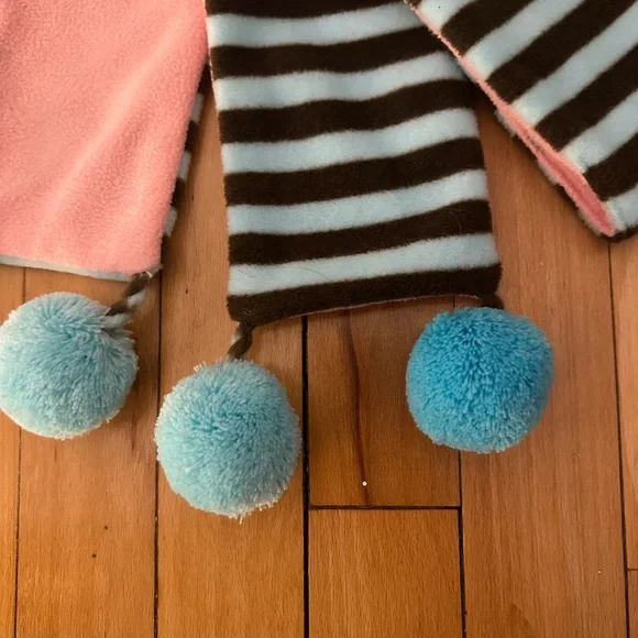 Striped Pink and Blue Kids Scarf with Pom Poms - Picture 2 of 3